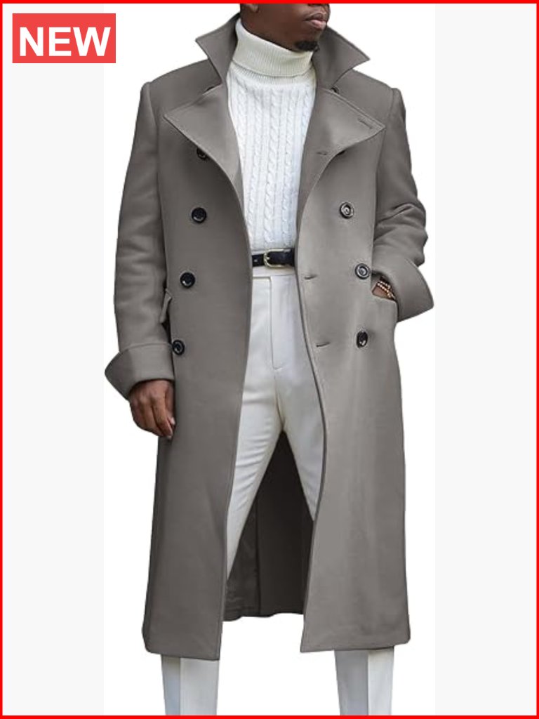 Men's Notch Lapel Double Breasted Long Trench Coat Cotton Blend Peacoat